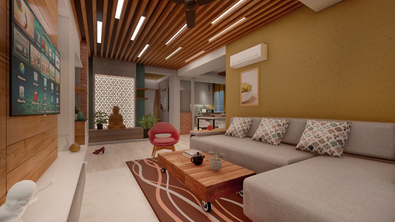 Contemporary Living room with wooden batten ceiling